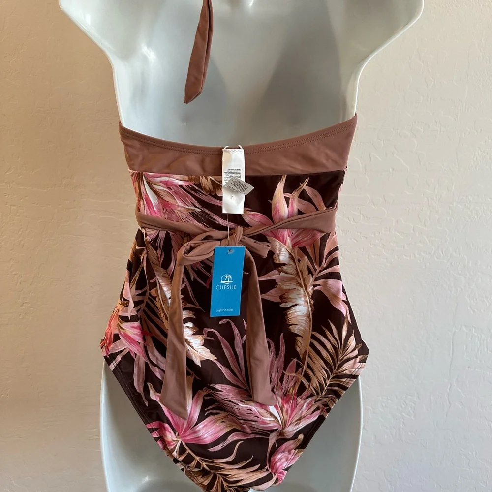 Cupshe Pink and Brown Floral One Piece Swimsuit NWT